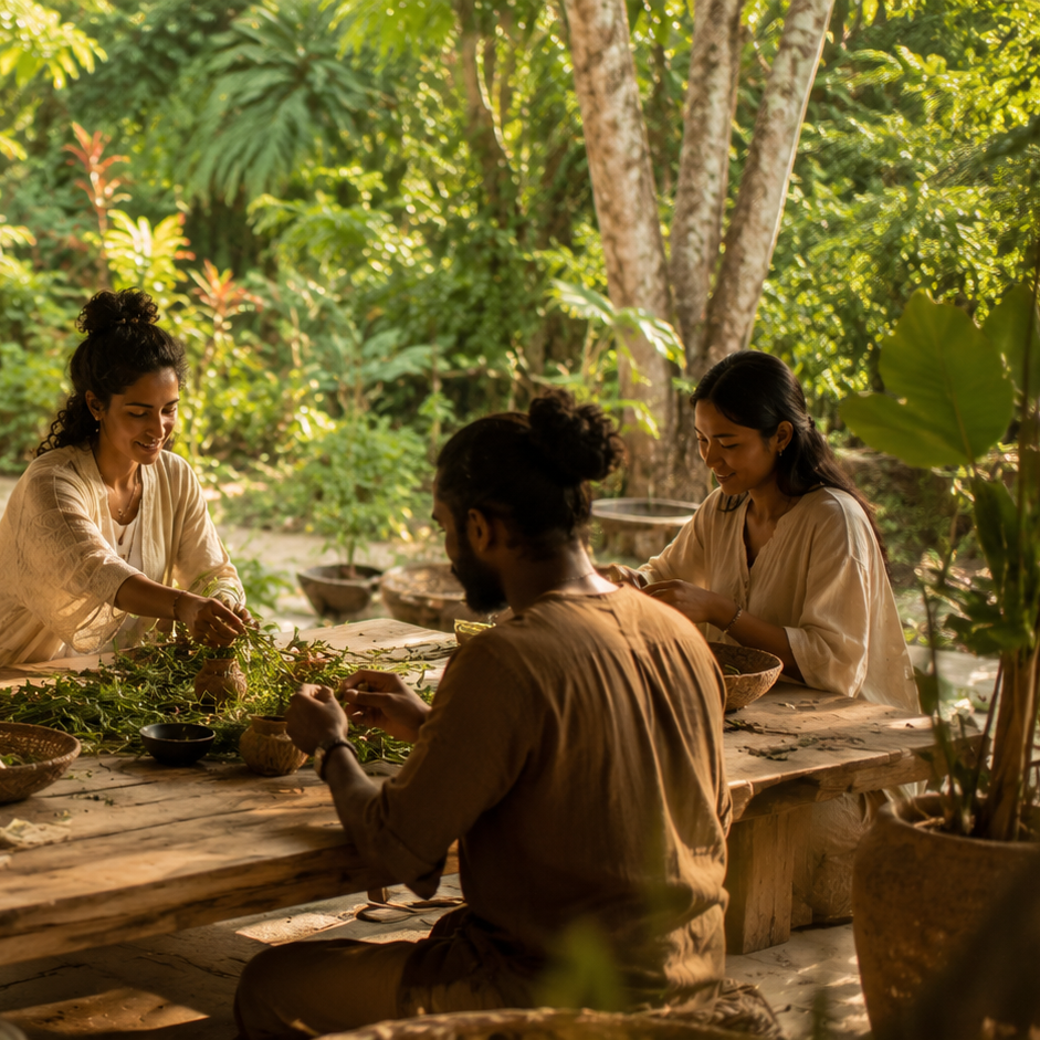 Group of people sitting around a wooden table in a natural setting, possibly a jungle or forest.