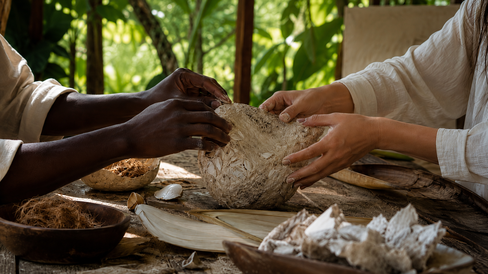 Two people handling a large piece of rawhide or leather on a wooden table with a natural, outdoor setting.