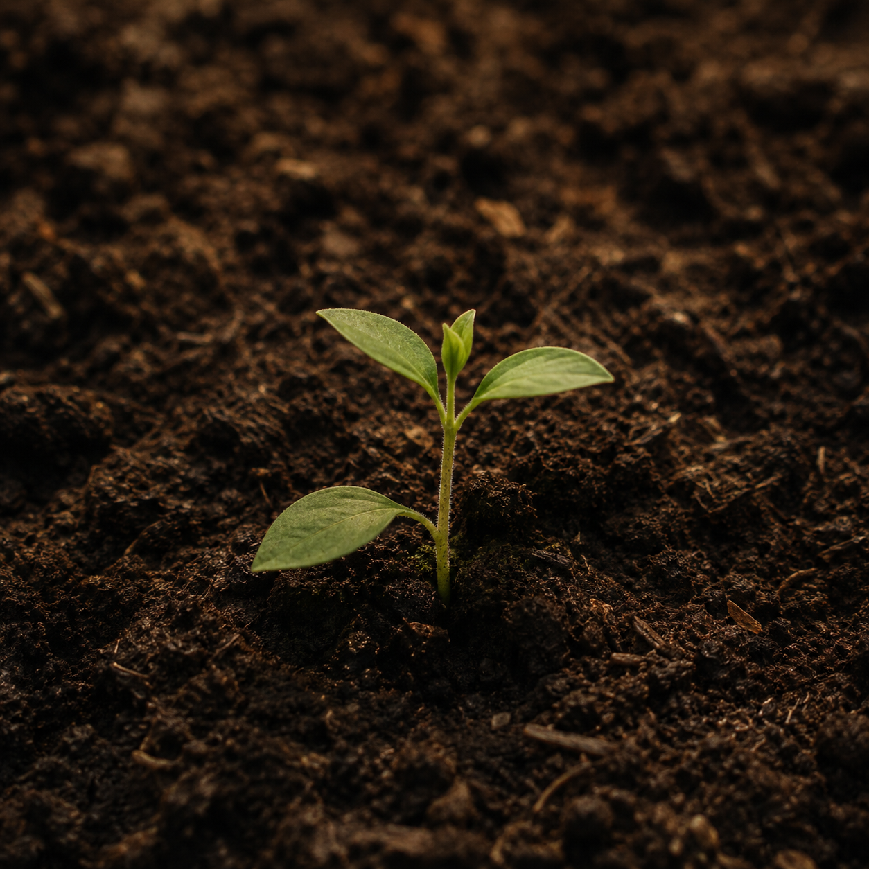 Small green plant emerging from dark brown soil