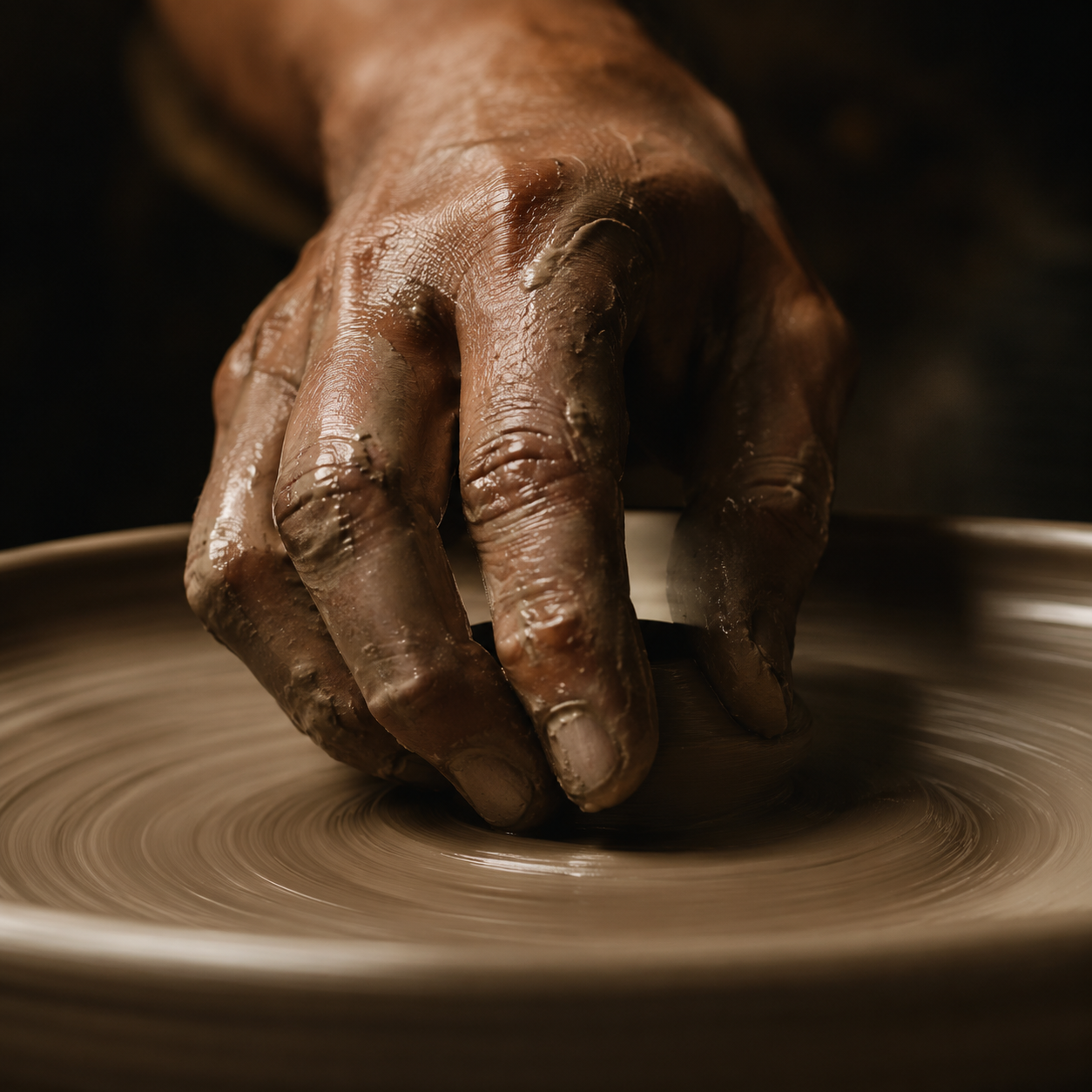 Hand of a potter shaping clay on a wheel with a dark background